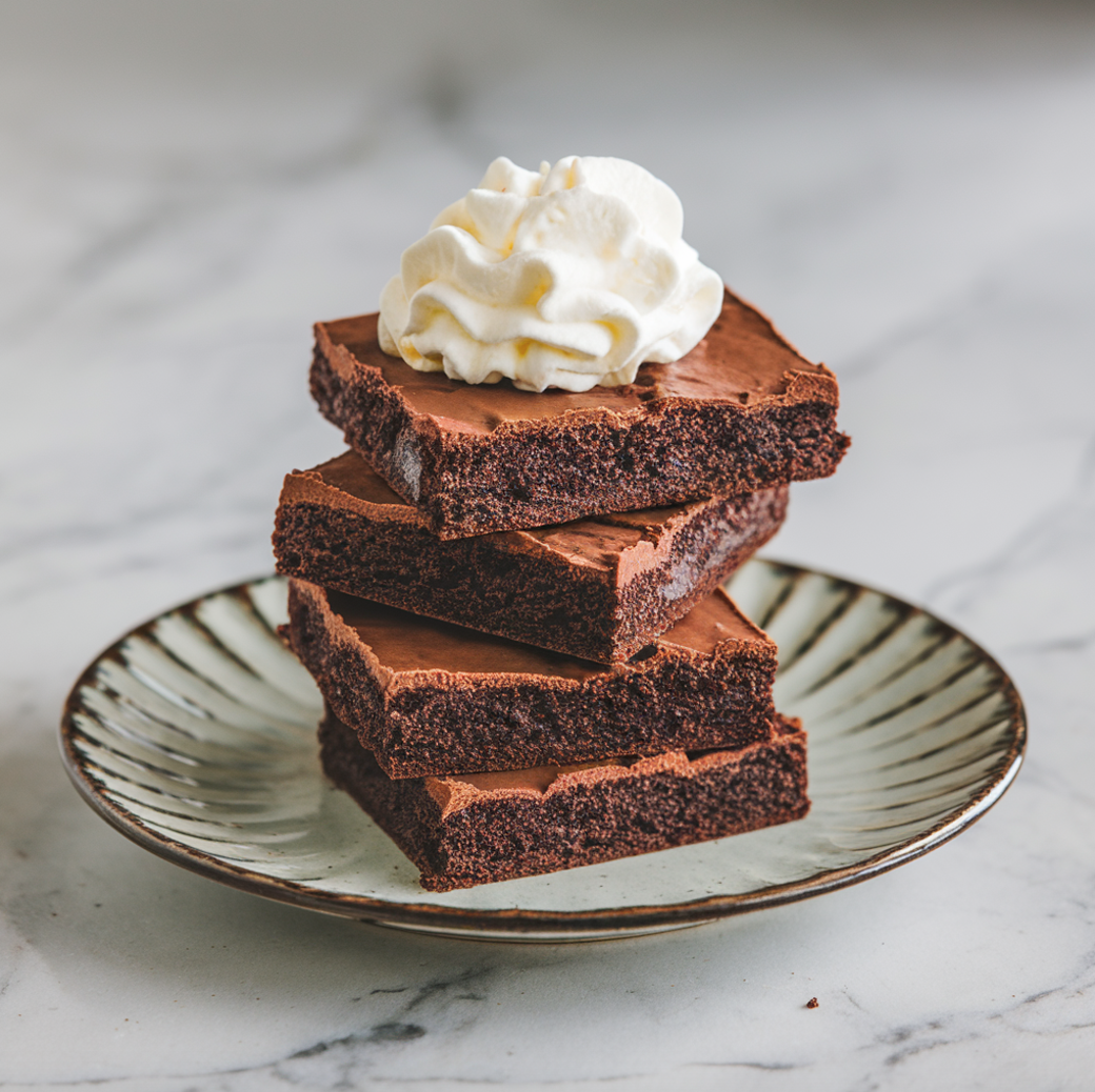 chocolate brownies topped with whipped cream