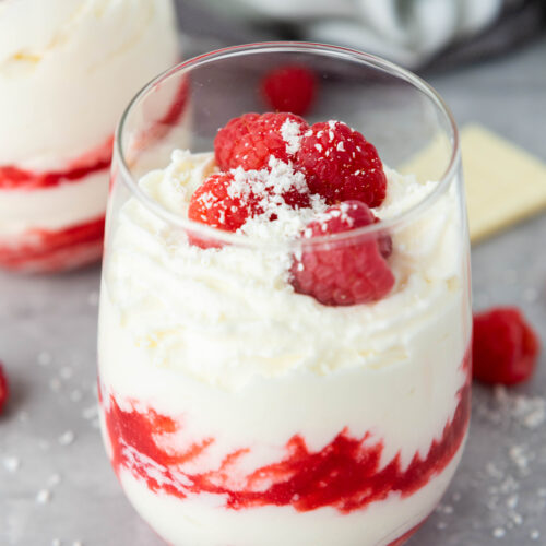 raspberry white choc mousse in glass