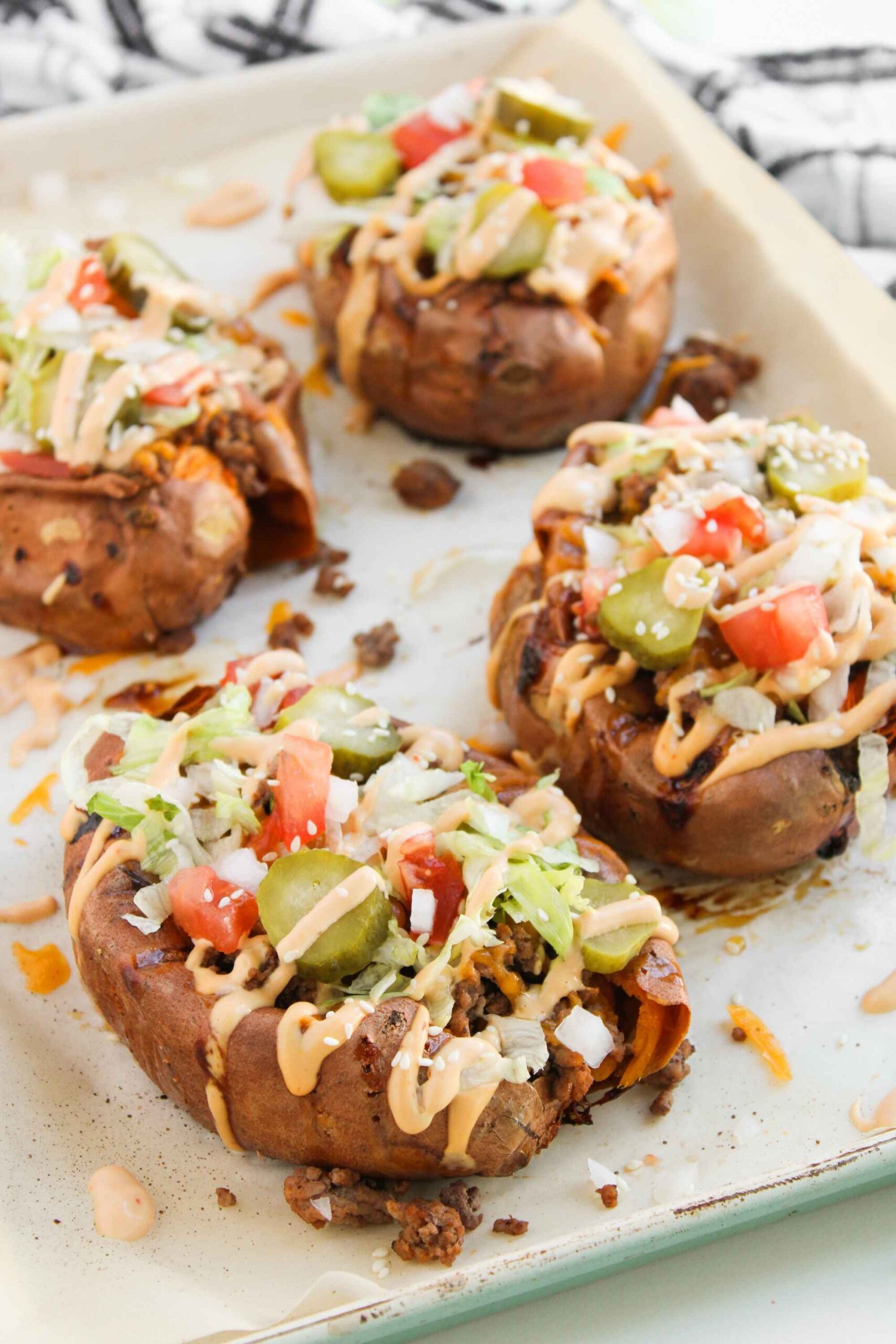 cheeseburger loaded sweet potatoes