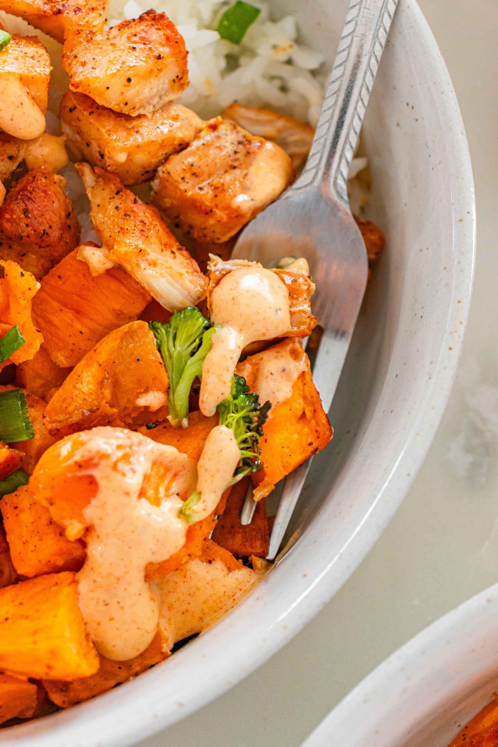 chicken sweet potato on fork