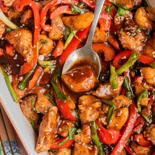 honey garlic chicken on spoon